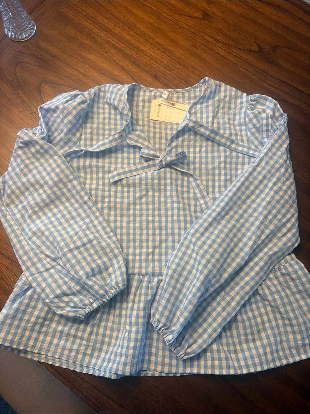 Blue Gingham Ruffle Tie-Front Blouse